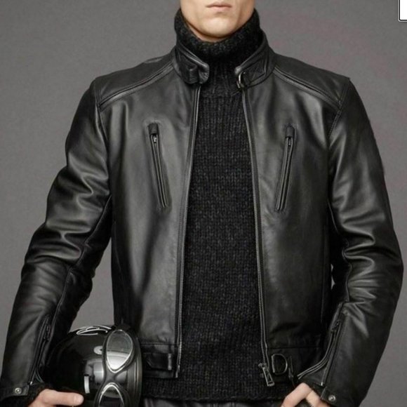 Men's leather jacket black genuine sheepskin jacke